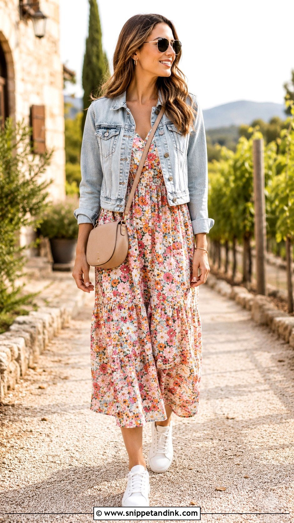 Denim Jacket And Midi Dress Winery Outfit - Snippet and Ink - 20 Winery Bachelorette Party Outfit Ideas