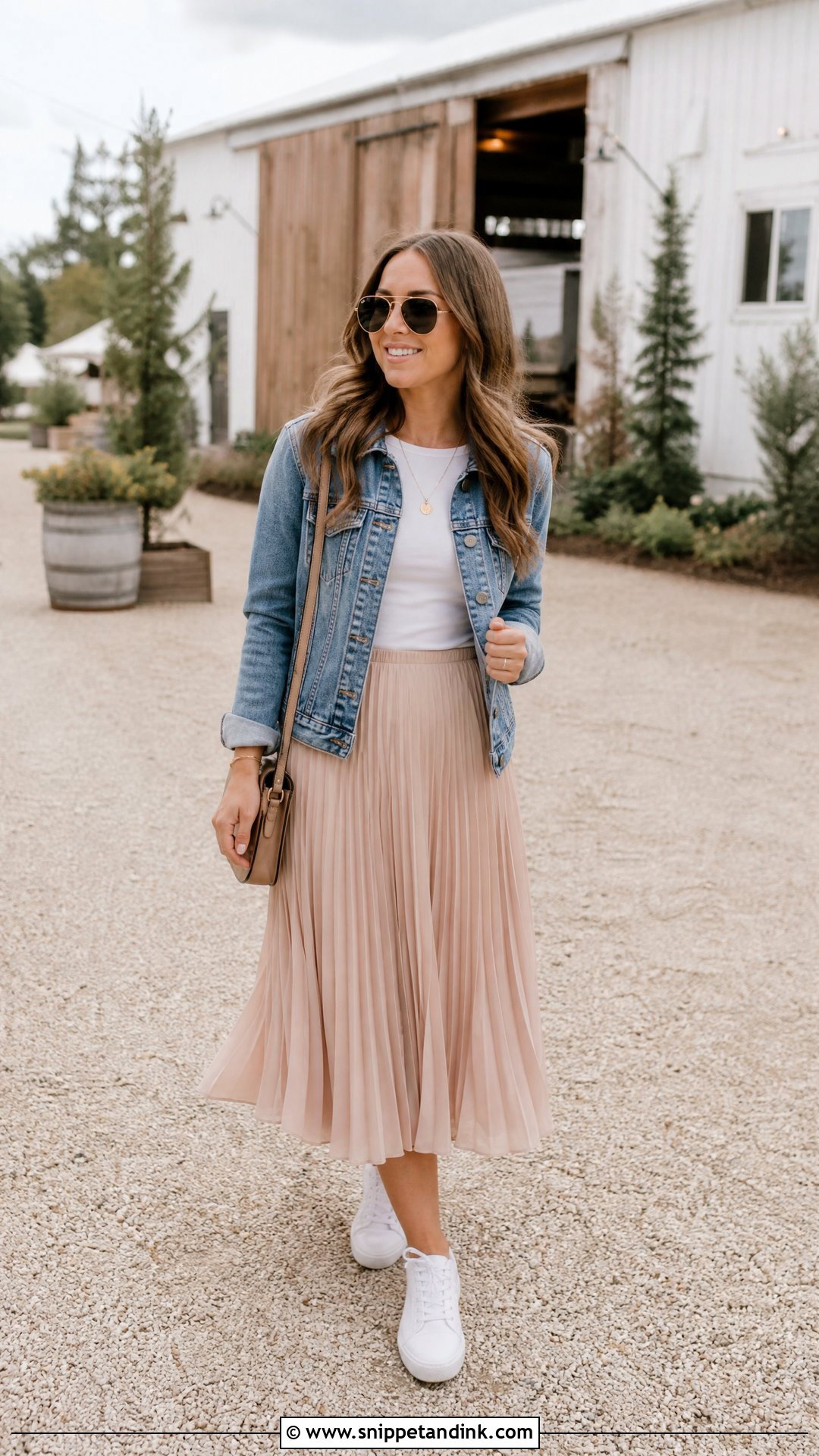 Denim Jacket And Midi Skirt Wedding Venue Tour Outfit - Snippet and Ink - 20 Wedding Venue Tour Outfit Ideas