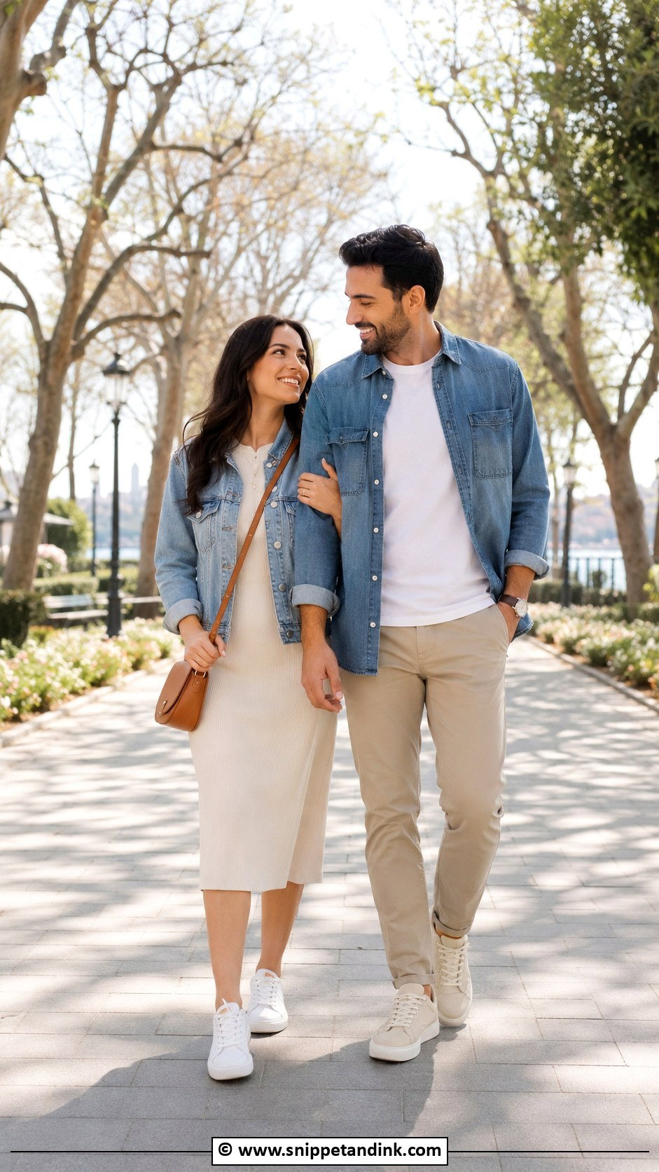 Denim Jacket And Neutral Dress Couple Photoshoot Outfit - Snippet and Ink - 30 Couple Photoshoot Outfits