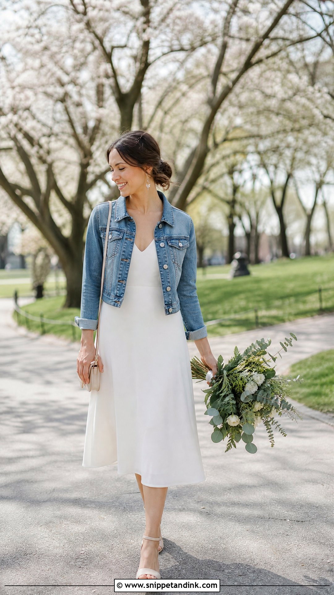 Denim Jacket And White Dress Elopement Outfit - Snippet and Ink - 20 Casual Elopement Outfit Ideas