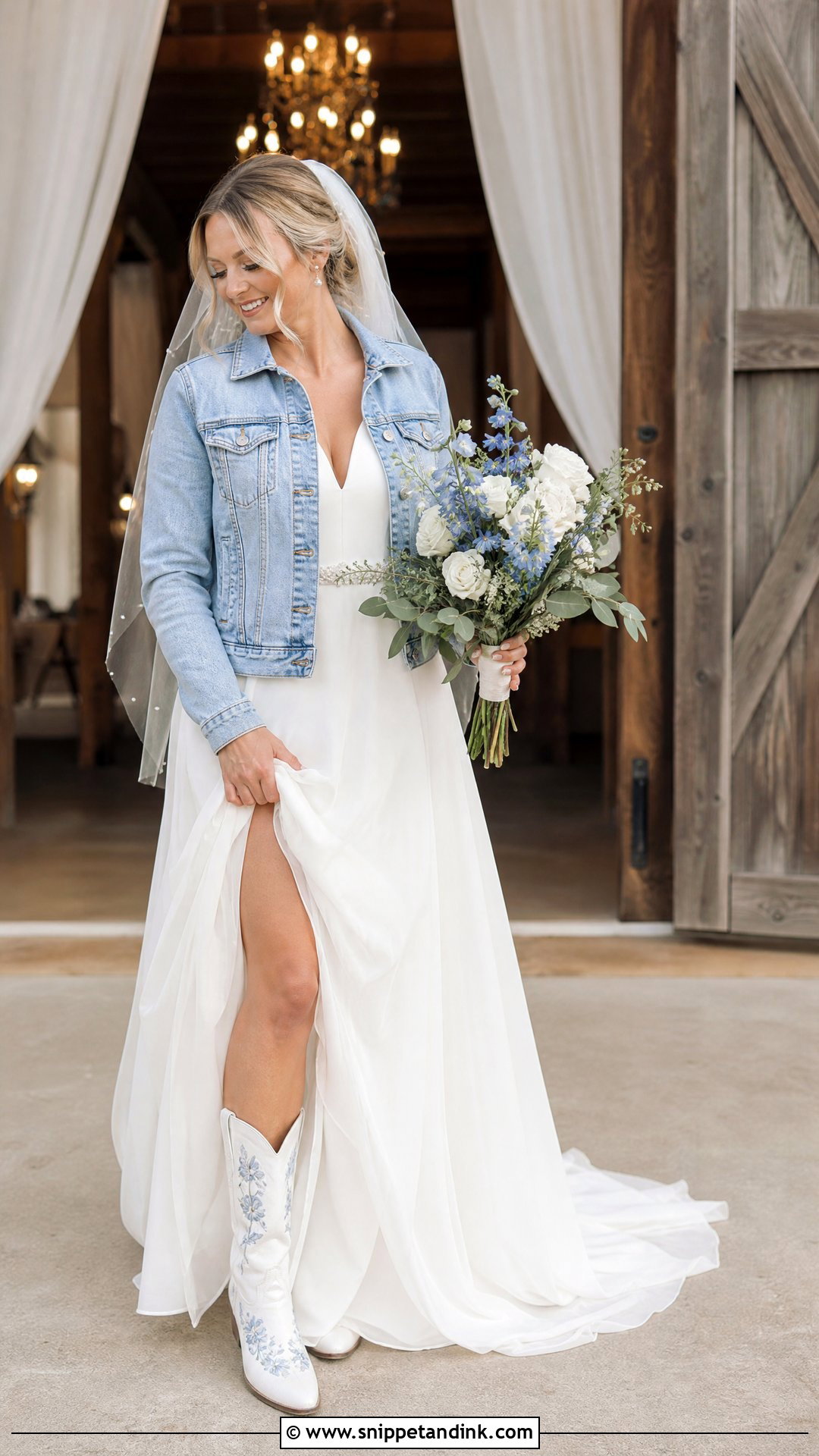 Denim Jacket Bride Dress With Personalized Cowboy Boots - Snippet and Ink - 20 Bride with Boots Ideas