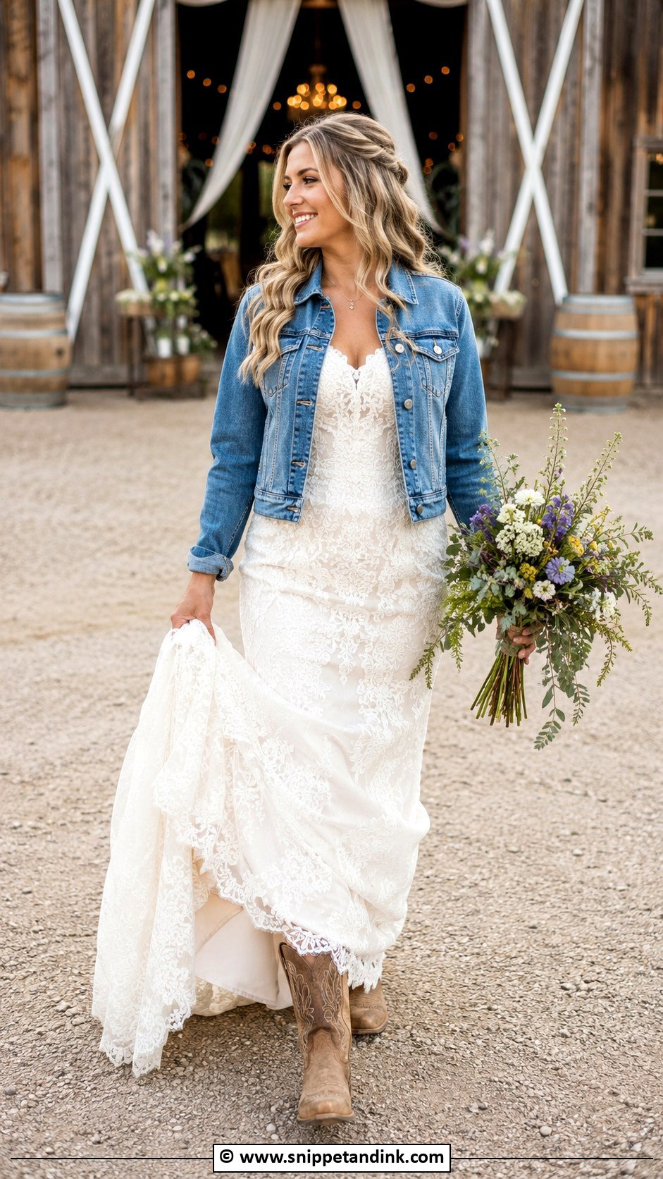 Denim Jacket Cowgirl Wedding Dress - Snippet and Ink - 30 Cowgirl Wedding Dress Ideas