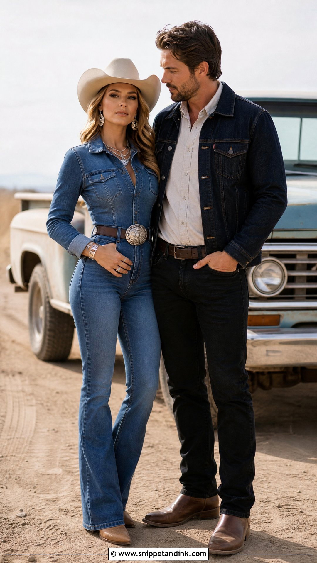 Denim Jumpsuit And Cowboy Hat Western Outfit - Snippet and Ink - 20 Western Pre Wedding Shoot Outfit Ideas