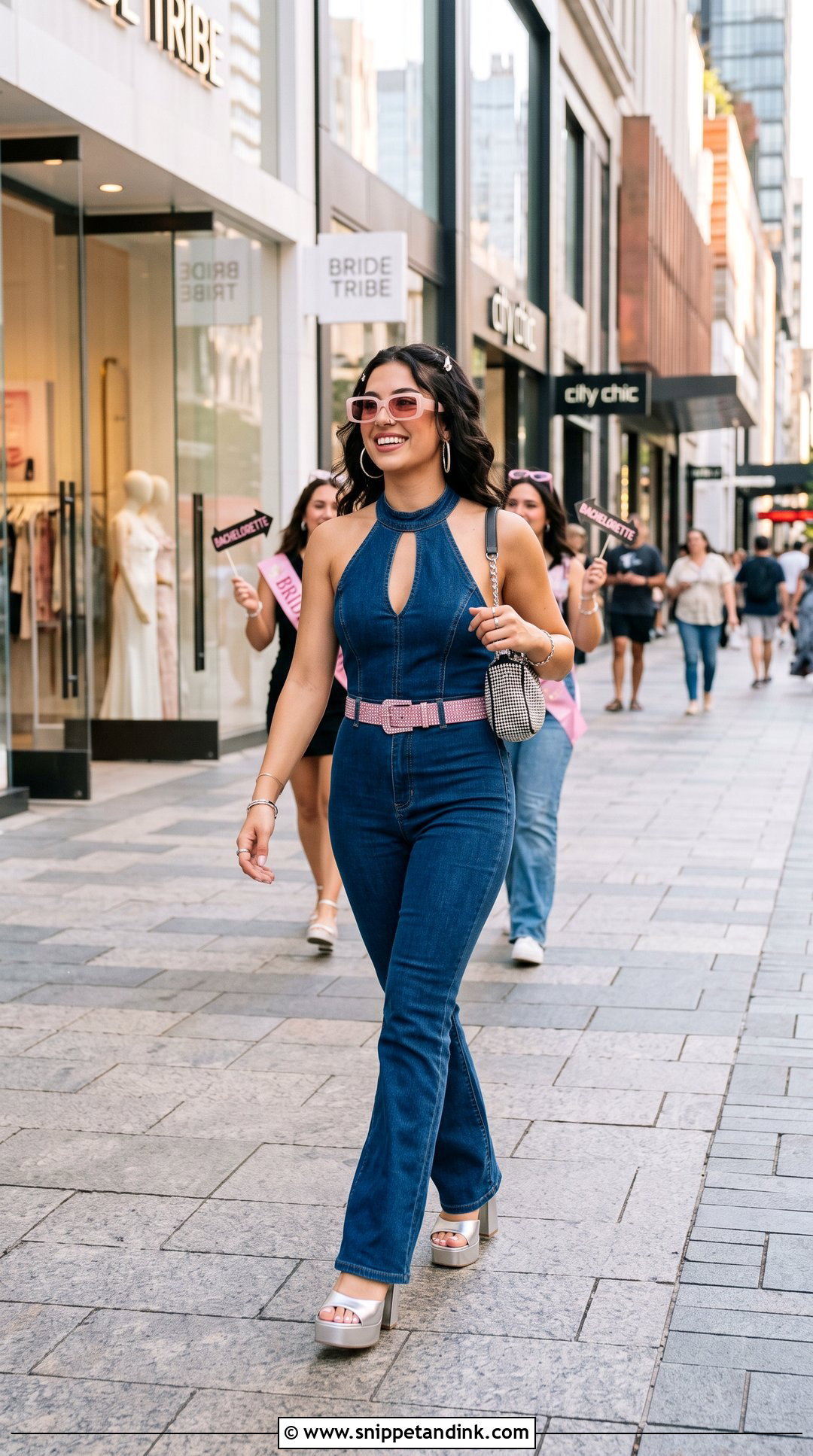 Denim Jumpsuit And Platform Sandals Y2K Outfit - Snippet and Ink - 20 Y2K Bachelorette Party Outfit Ideas
