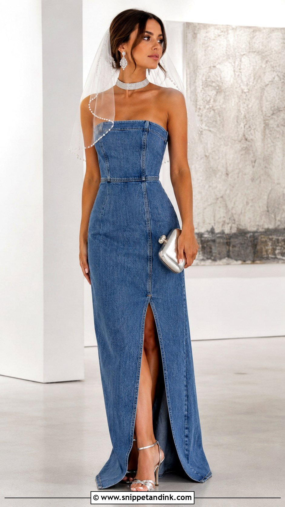 Denim Maxi Dress And Diamond Jewelry Bride Outfit - Snippet and Ink - 20 Denim and Diamonds Bride Outfit Ideas