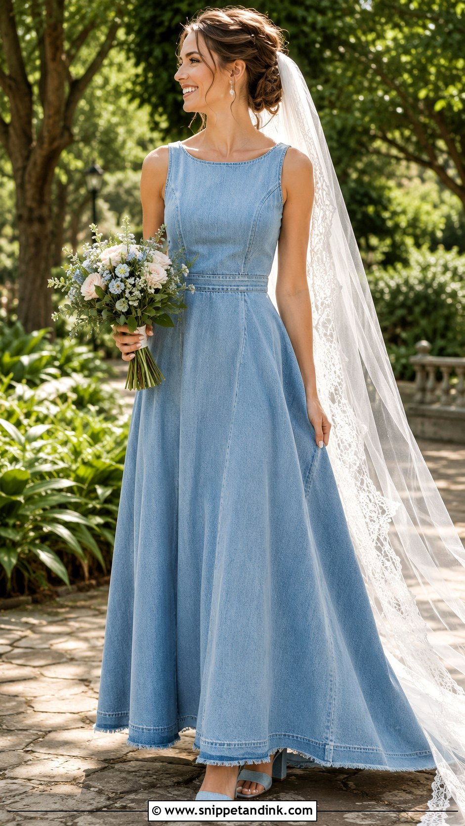 Denim Maxi Wedding Dress With Lace Veil - Snippet and Ink - 25 Denim Wedding Dresses