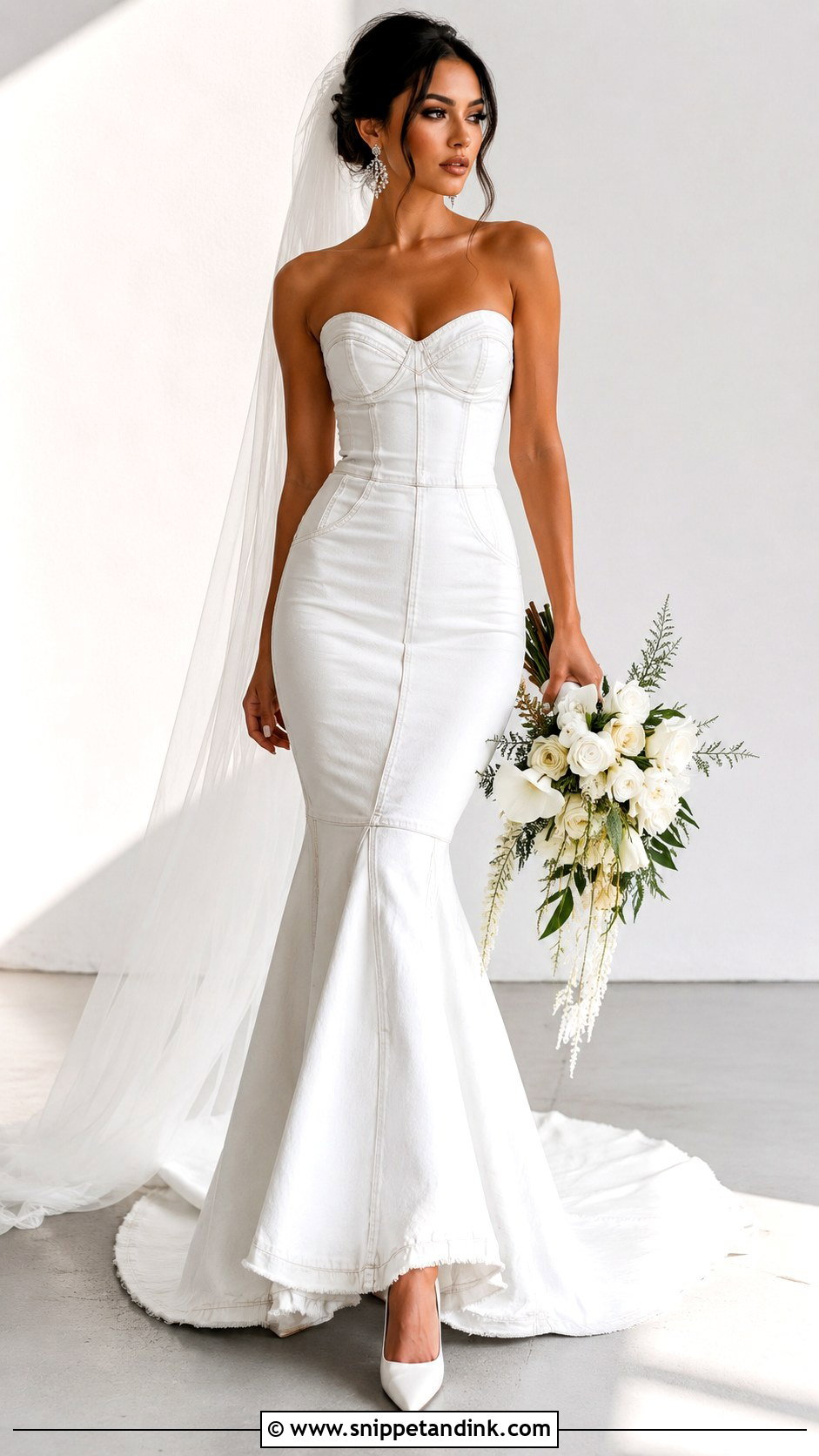 Denim Mermaid Wedding Dress With Crystal Earrings - Snippet and Ink - 25 Denim Wedding Dresses