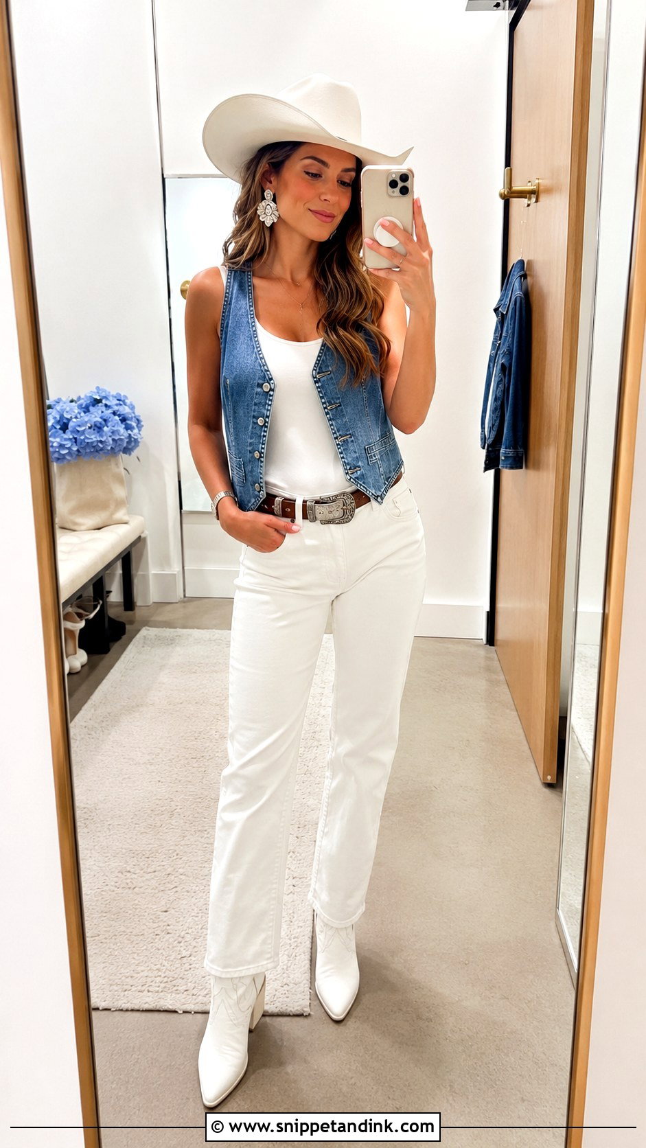 Denim Vest and White Jeans Country Bachelorette Outfit - Snippet and Ink - 20 Country Bachelorette Party Outfit Ideas
