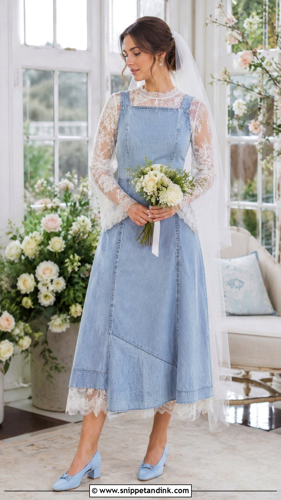 Denim Wedding Dress With Lace Sleeves - Snippet and Ink - 25 Denim Wedding Dresses