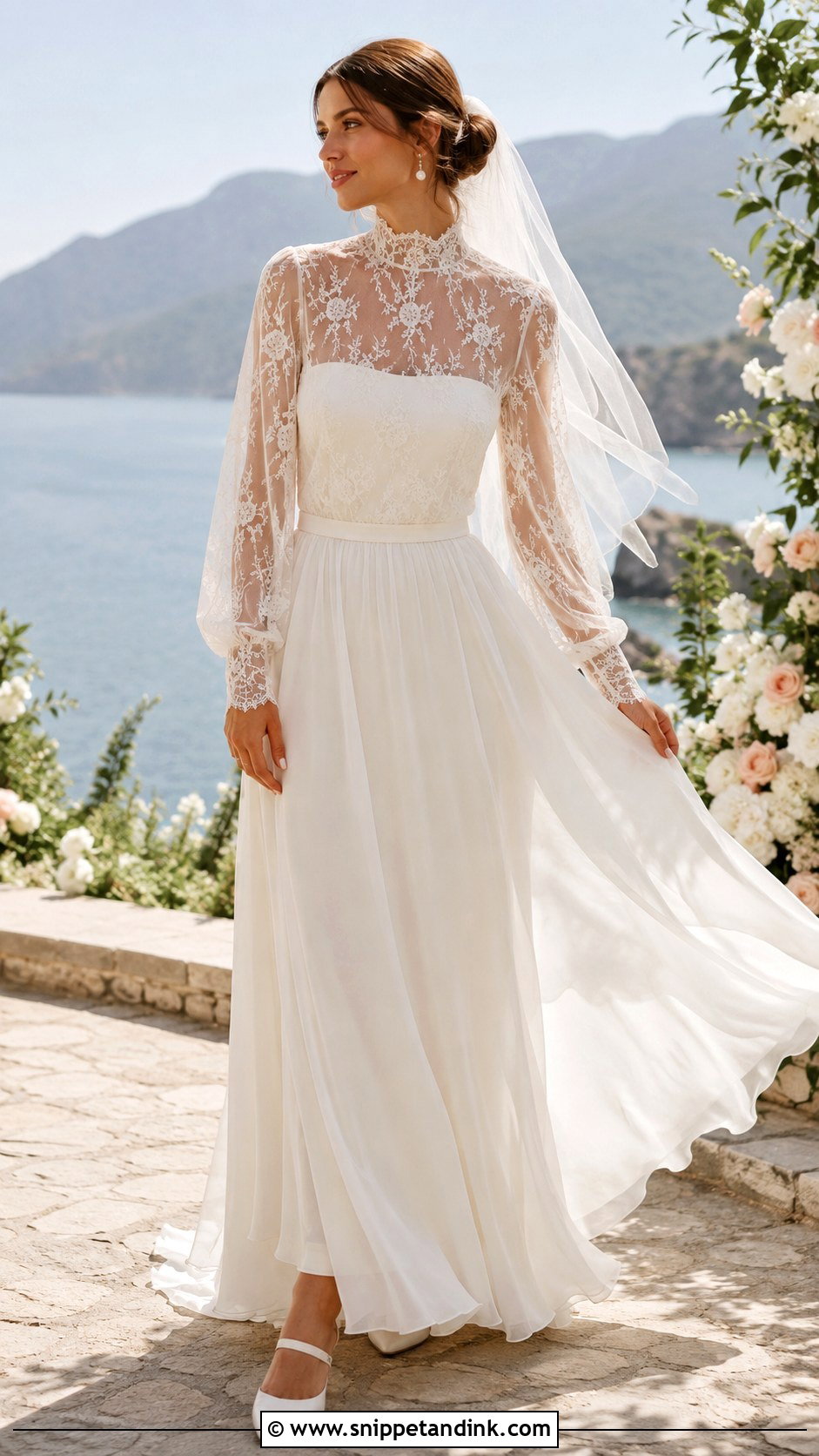 Detachable Lace Collar Chiffon Wedding Dress - Snippet and Ink - 20 Collar Wedding Dress Ideas