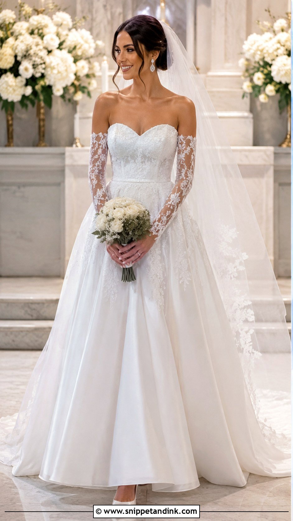 Detachable Mesh Sleeve Strapless Wedding Dress - Snippet and Ink - 20 Mesh Sleeve Wedding Dress Ideas