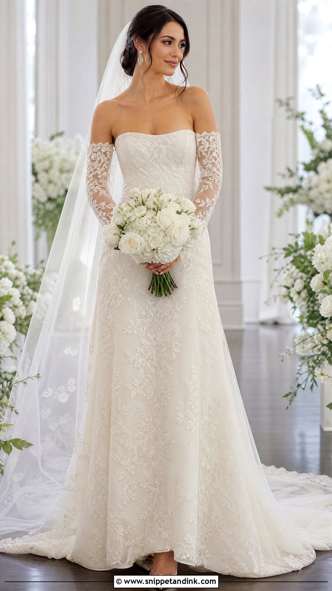 Detachable Off the Shoulder Sleeve A Line Wedding Dress - Snippet and Ink - 20 Wedding Dress Off the Shoulder Sleeves