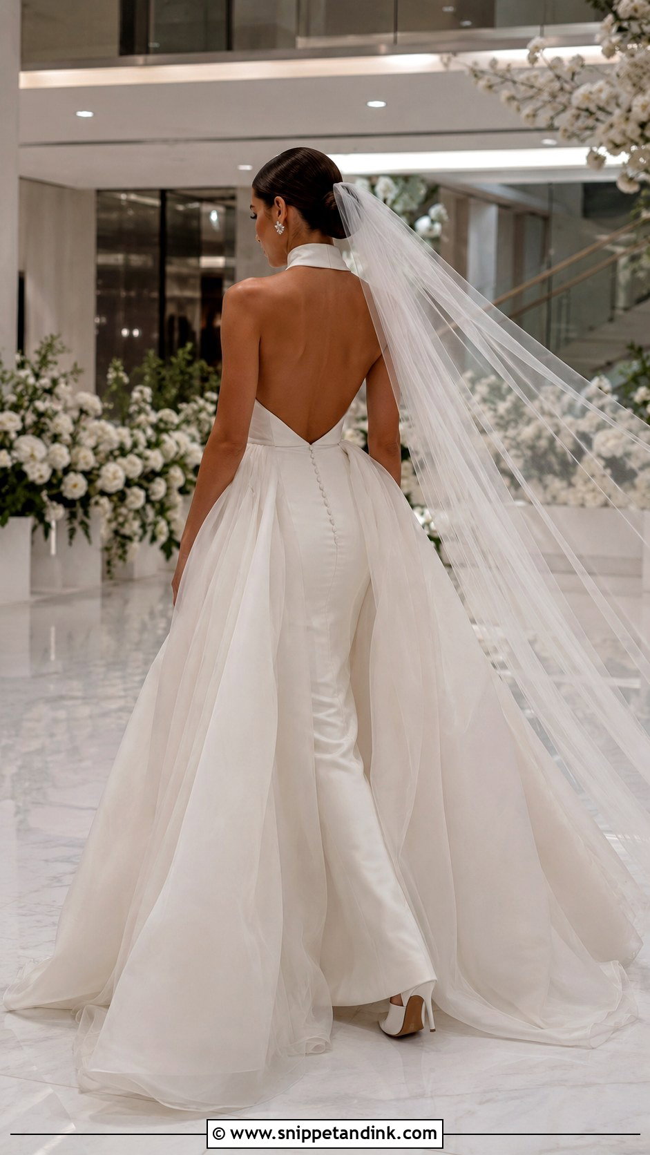 Detachable Overskirt High Neck Open Back Wedding Dress - Snippet and Ink - 20 High Neck Open Back Wedding Dress Ideas