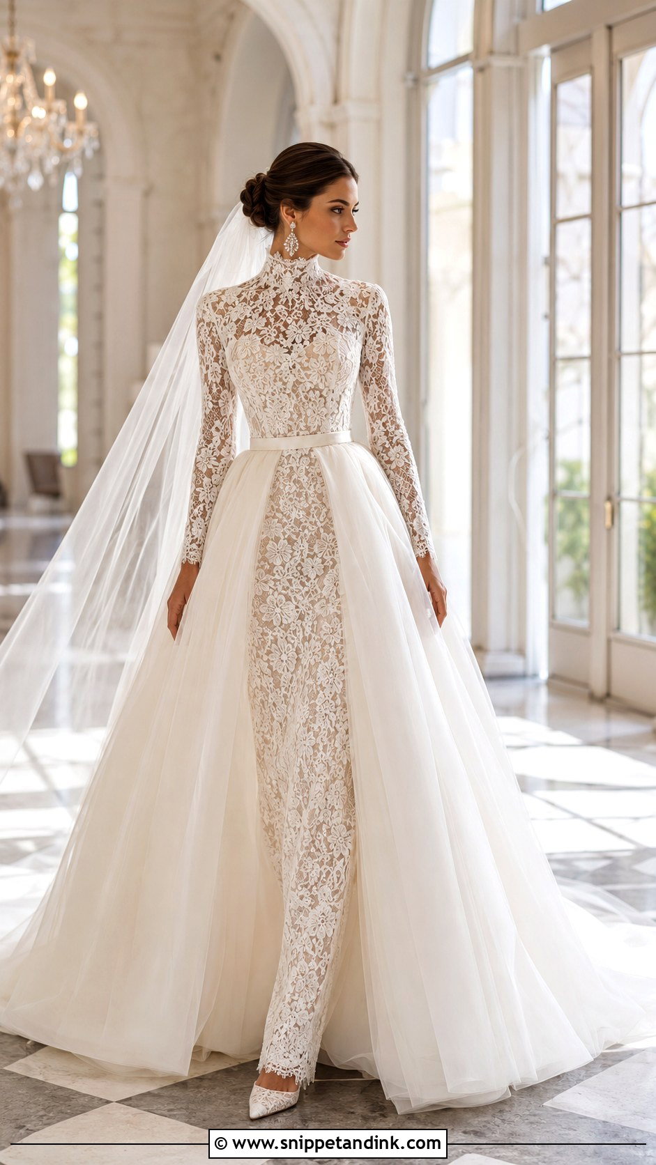 Detachable Overskirt High Neck Wedding Gown - Snippet and Ink - 20 High Neck Wedding Gown Ideas