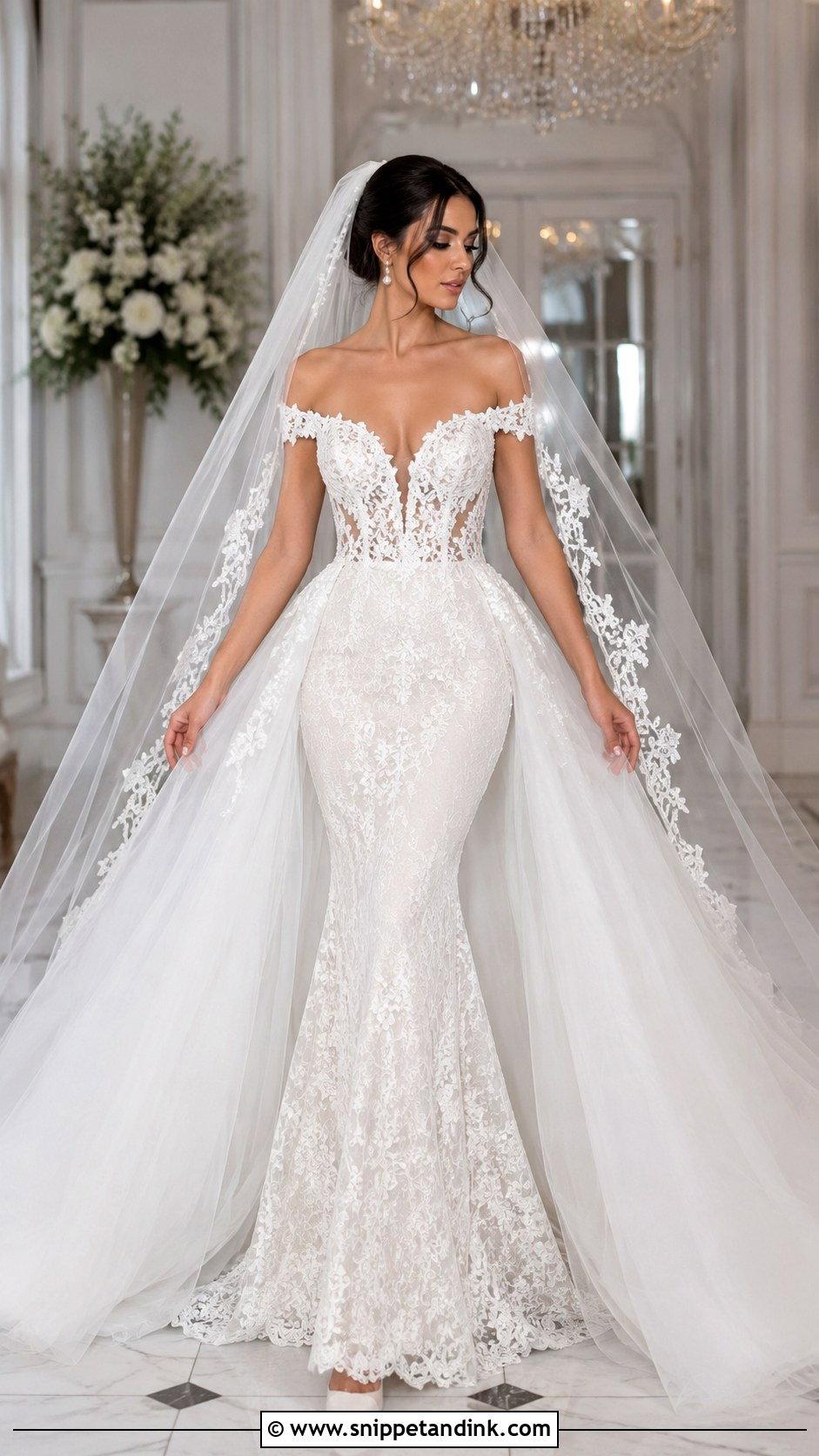 Detachable Overskirt Lace Mermaid Wedding Dress - Snippet and Ink - 30 Lace Mermaid Wedding Dress Ideas
