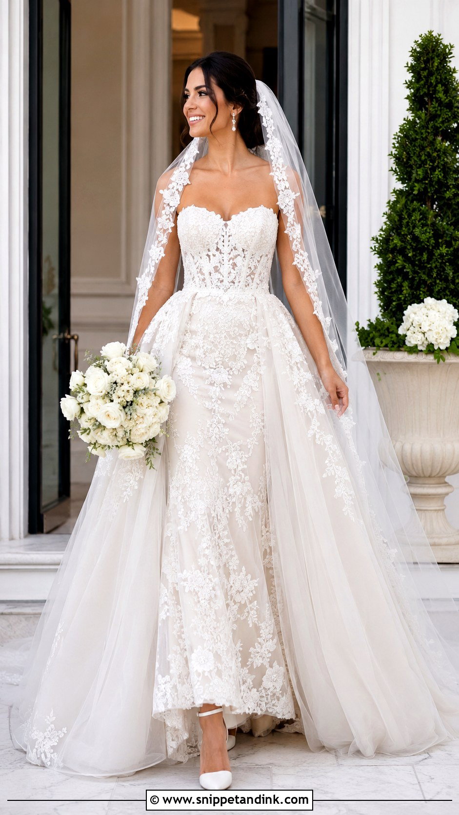Detachable Overskirt Lace Trumpet Wedding Dress - Snippet and Ink - 20 Lace Trumpet Wedding Dress Ideas