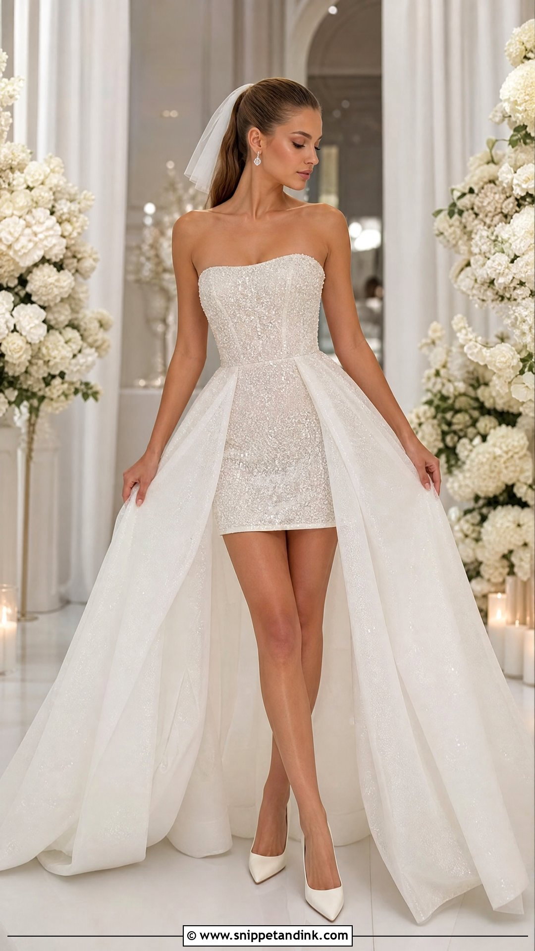Detachable Overskirt Sparkly Mini Wedding Dress - Snippet and Ink - 20 Short Sparkly Wedding Dress Ideas
