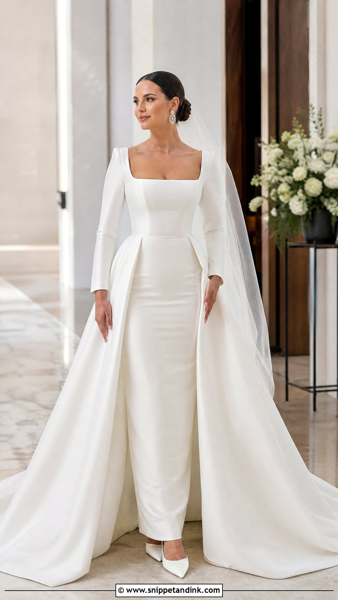 Detachable Overskirt Square Neck Long Sleeve Wedding Dress - Snippet and Ink - 20 Square Neck Long Sleeve Wedding Dress Ideas