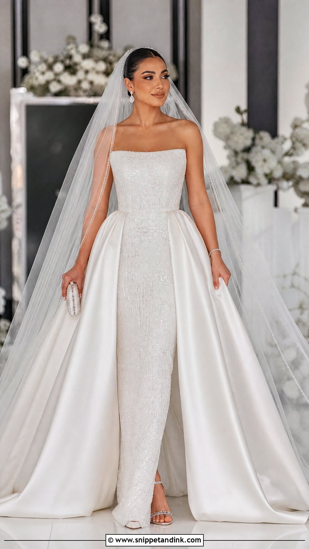 Detachable Overskirt Wedding Dress With Crystal Heels - Snippet and Ink - 20 Most Expensive Wedding Dress Ideas