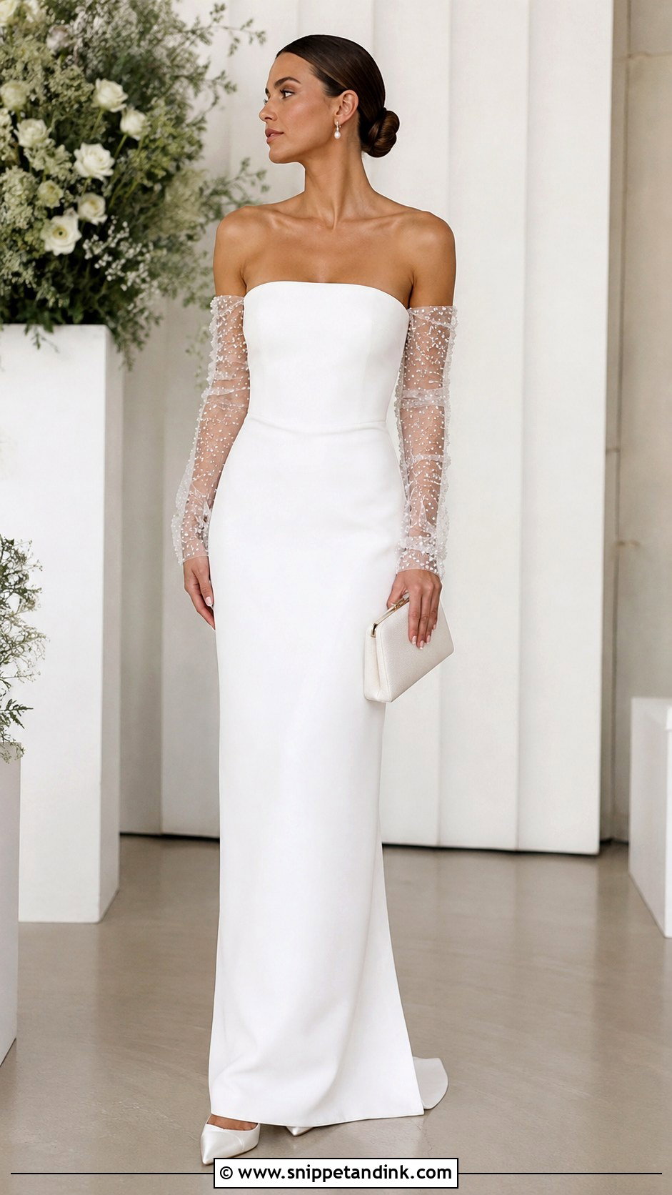 Detachable Pearl Bridal Sleeves With Strapless Column Gown - Snippet and Ink - 20 Bridal Sleeves Detachable
