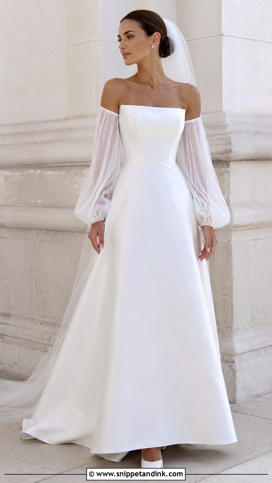 Detachable Pleated Tulle Bridal Sleeves With Simple Satin Gown - Snippet and Ink - 20 Bridal Sleeves Detachable