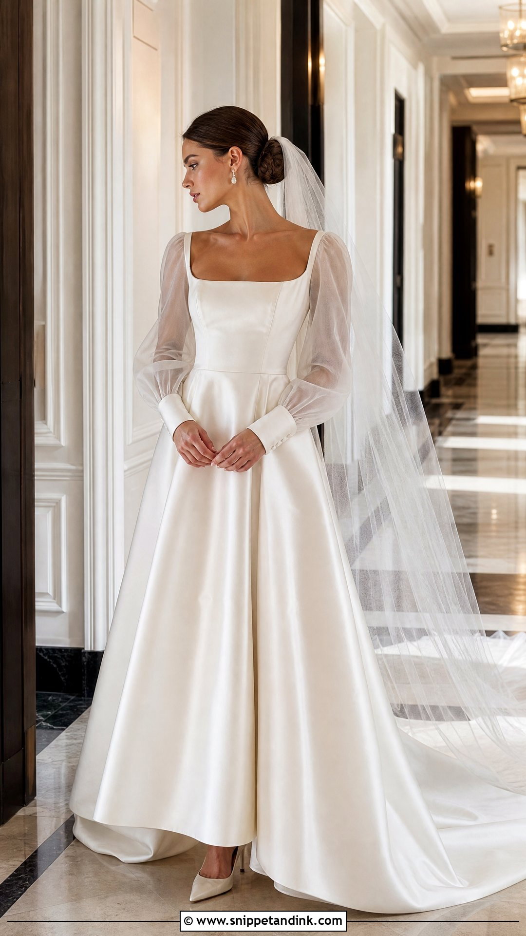 Detachable Sheer Sleeve Satin Wedding Dress - Snippet and Ink - 20 Sheer Sleeve Wedding Dress Ideas