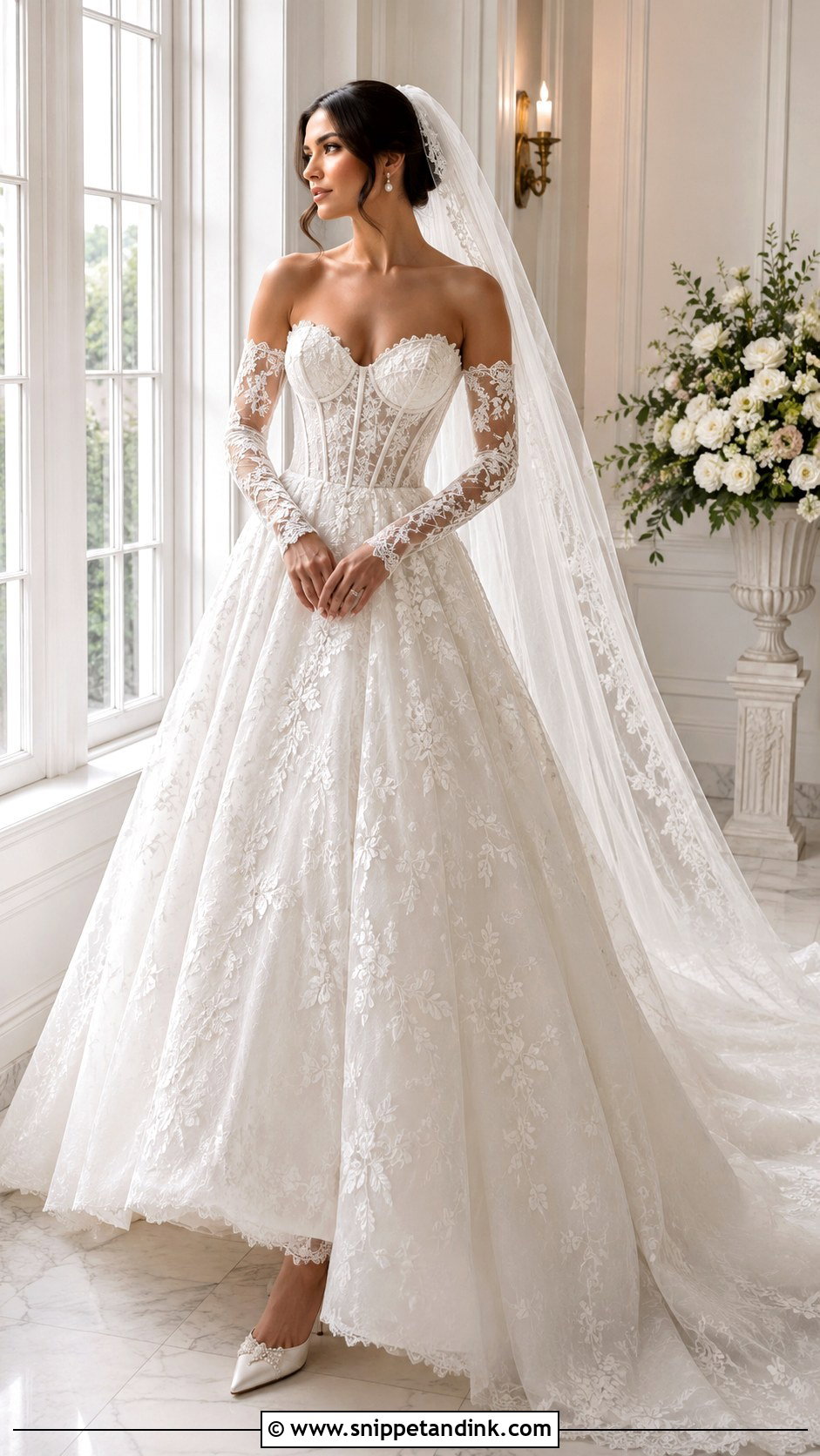 Detachable Sleeve Basque Waist Lace Wedding Dress - Snippet and Ink - 20 Basque Waist Lace Wedding Dress Ideas