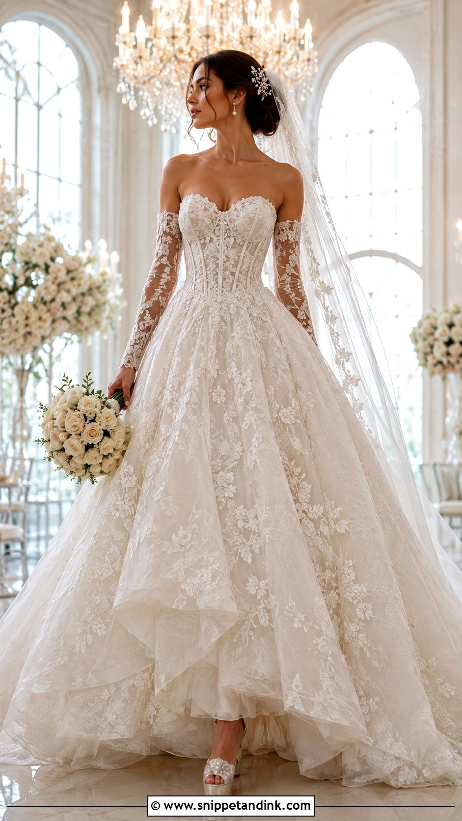 Detachable Sleeve Lace Ball Gown Wedding Dress - Snippet and Ink - 20 Lace Ball Gown Wedding Dress Ideas
