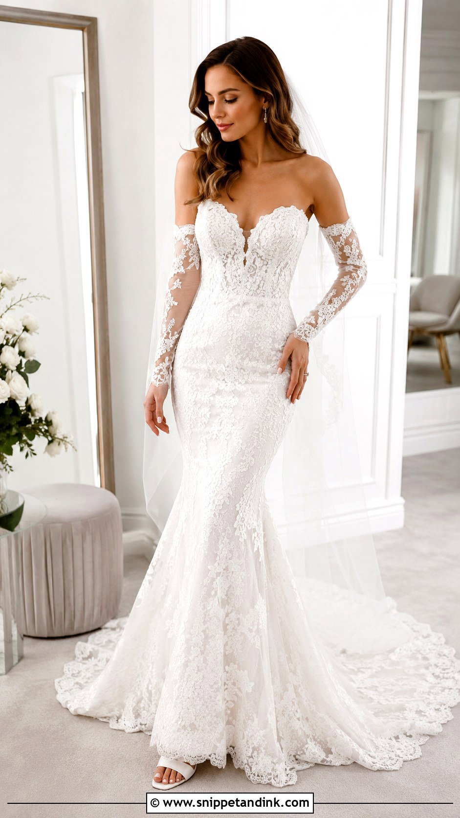 Detachable Sleeve Lace Mermaid Wedding Dress - Snippet and Ink - 30 Lace Mermaid Wedding Dress Ideas