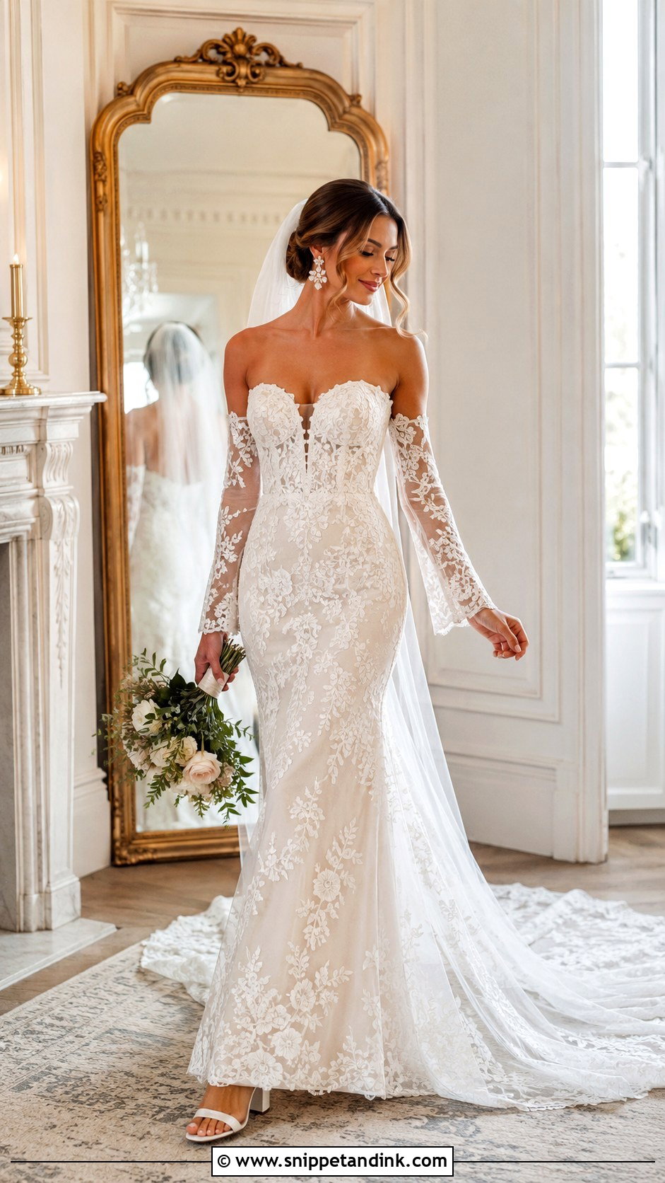Detachable Sleeve Lace Trumpet Wedding Dress - Snippet and Ink - 20 Lace Trumpet Wedding Dress Ideas