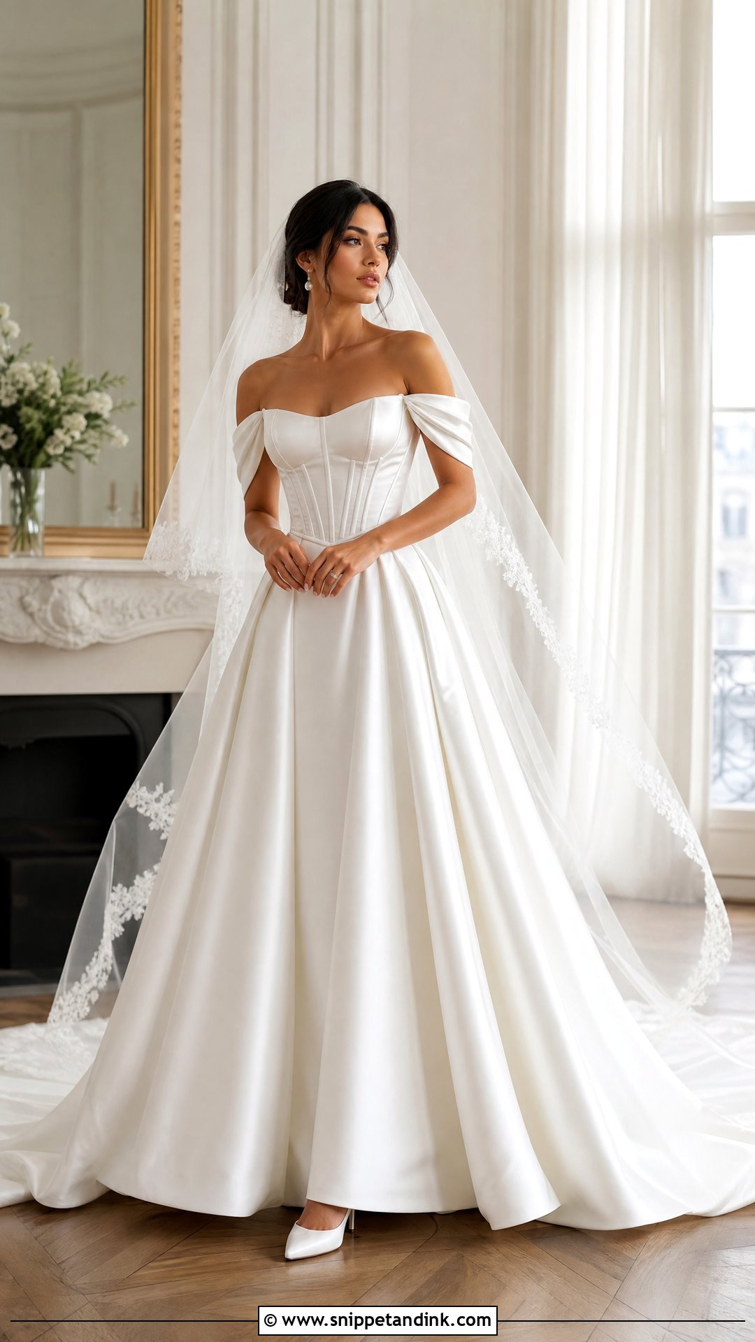 Detachable Sleeve Satin Basque Waist Wedding Dress - Snippet and Ink - 20 Satin Basque Waist Wedding Dress Ideas