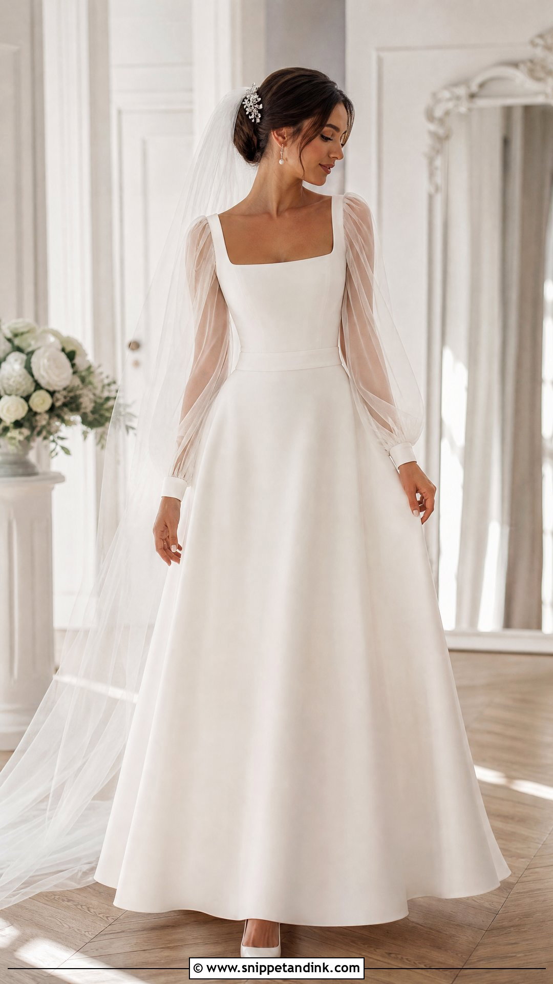 Detachable Sleeve Square Neck A Line Wedding Dress - Snippet and Ink - 20 Square Neck Wedding Dress Aline Ideas