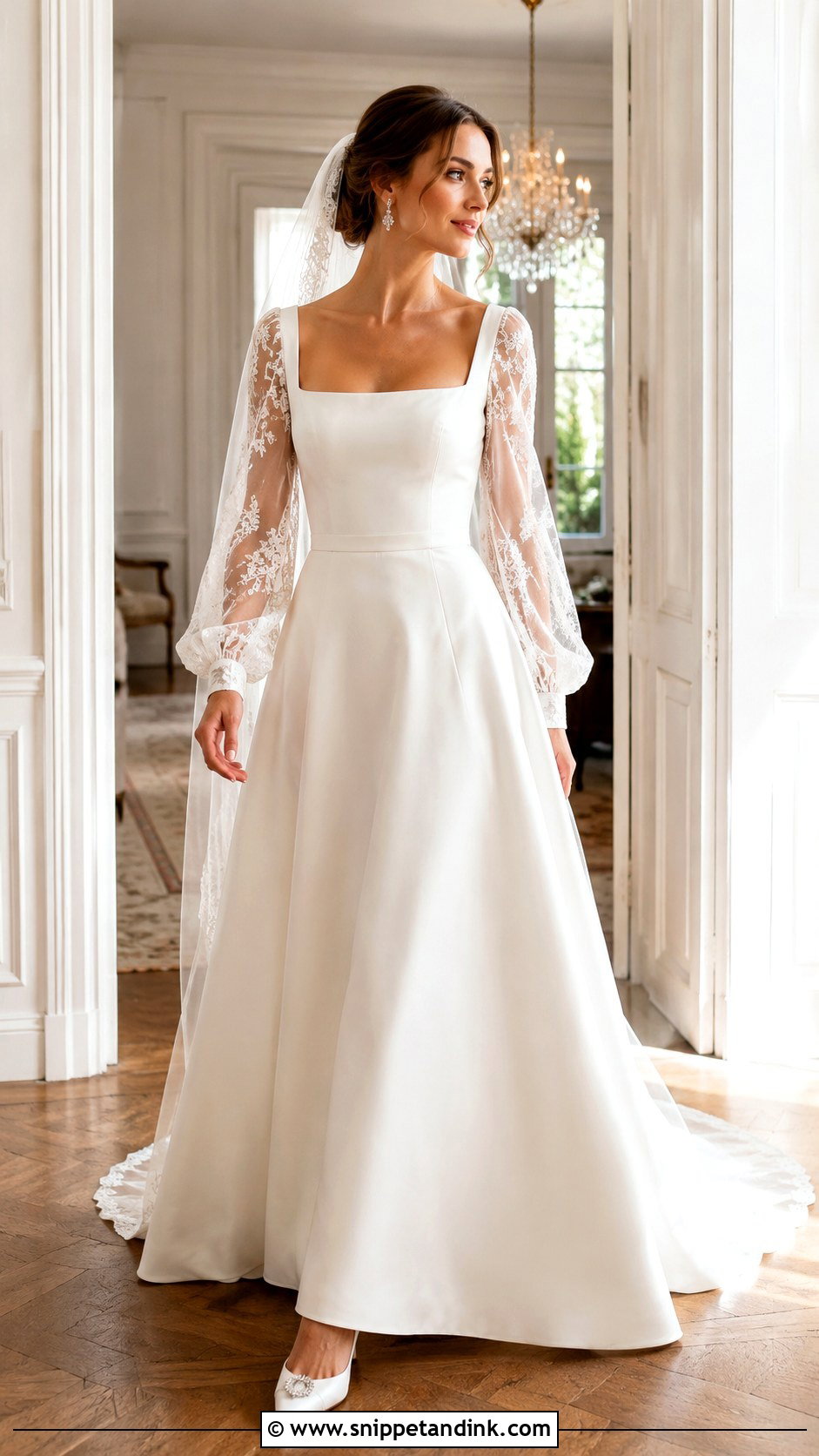 Detachable Sleeve Square Neck A Line Wedding Dress - Snippet and Ink - 20 Square Neck a Line Wedding Dress Ideas