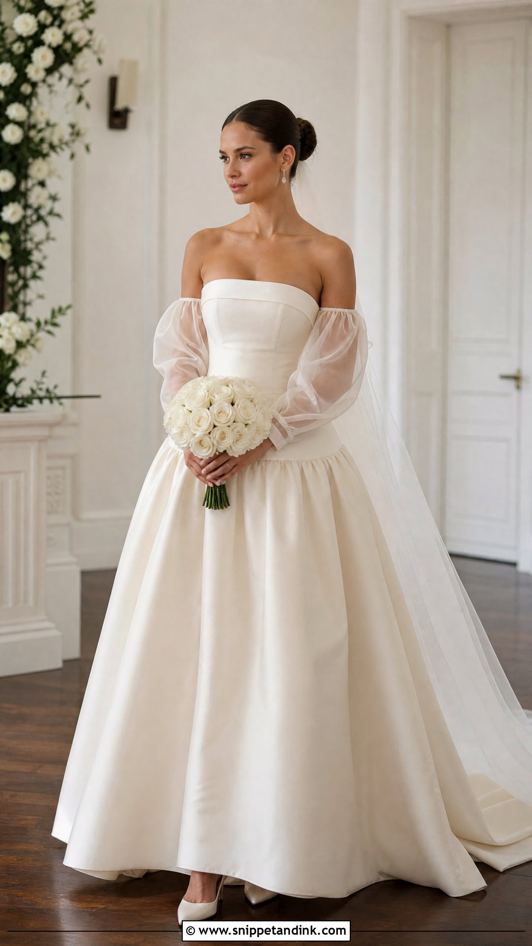 Detachable Sleeve Strapless Drop Waist Wedding Dress - Snippet and Ink - 20 Strapless Drop Waist Wedding Dress Ideas