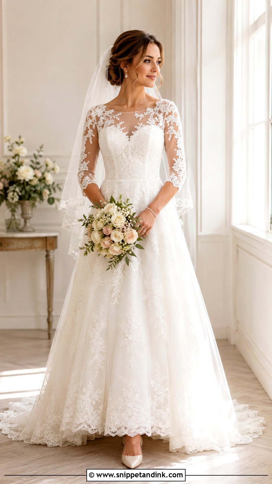 Detachable Three Quarter Bridal Sleeves With Lace A Line Gown - Snippet and Ink - 20 Bridal Sleeves Detachable
