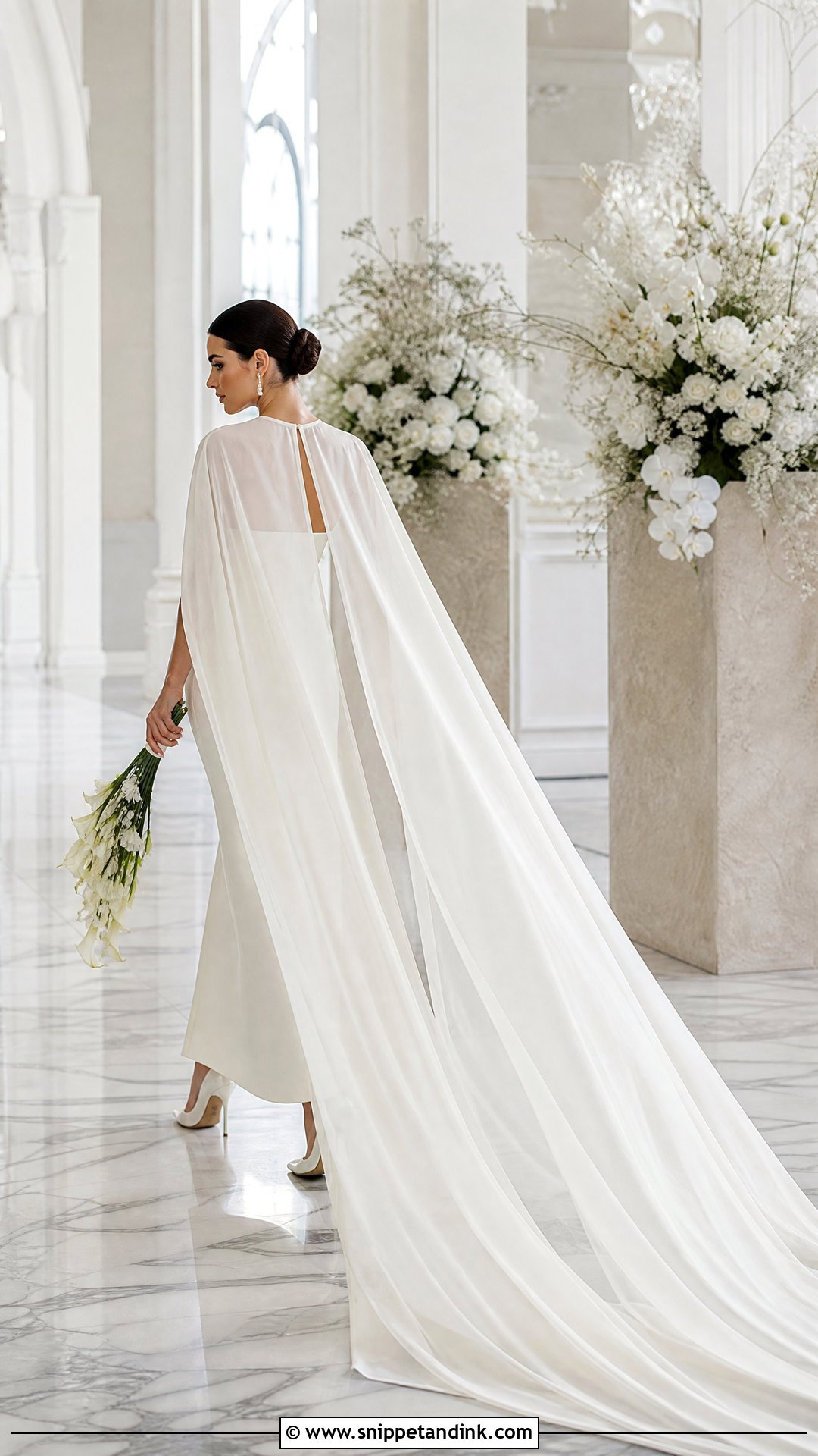 Detachable Train Bridal Cape With Simple Wedding Dress - Snippet and Ink - 20 Winter Bridal Cape Ideas