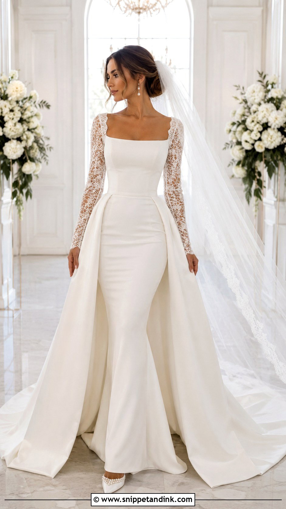 Detachable Train Long Sleeve Mermaid Wedding Dress - Snippet and Ink - 25 Long Sleeve Mermaid Wedding Dress Ideas