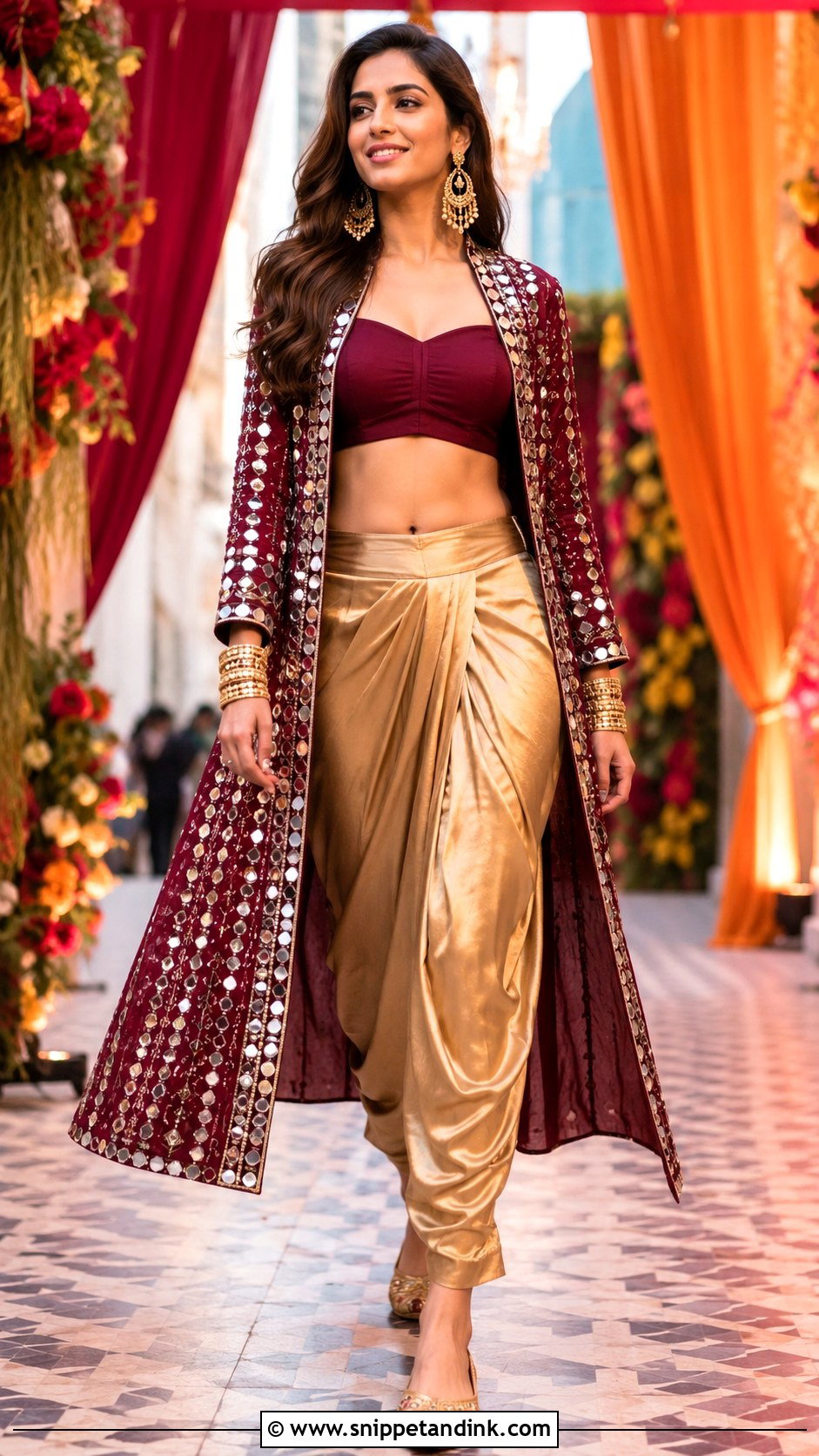 Dhoti Pants With Crop Top And Jacket For Indian Sangeet - Snippet and Ink - 20 Indian Sangeet Outfit Ideas