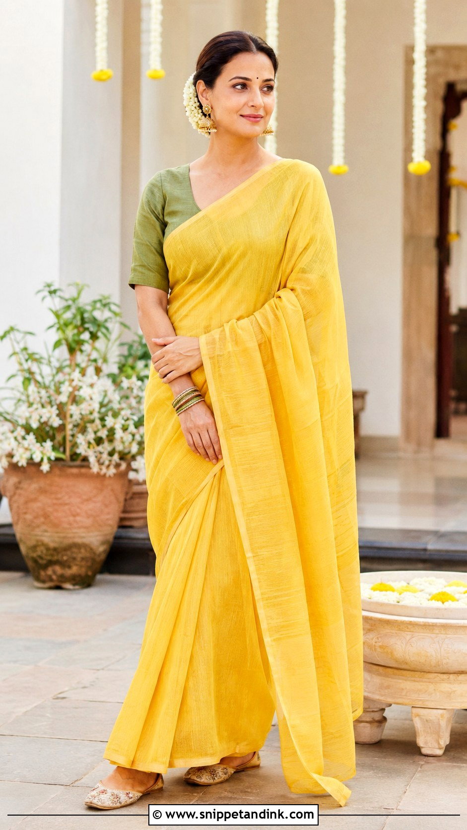 Dia Mirza Yellow Handloom Saree Haldi Outfit - Snippet and Ink - 20 Celebrity Haldi Outfit Ideas