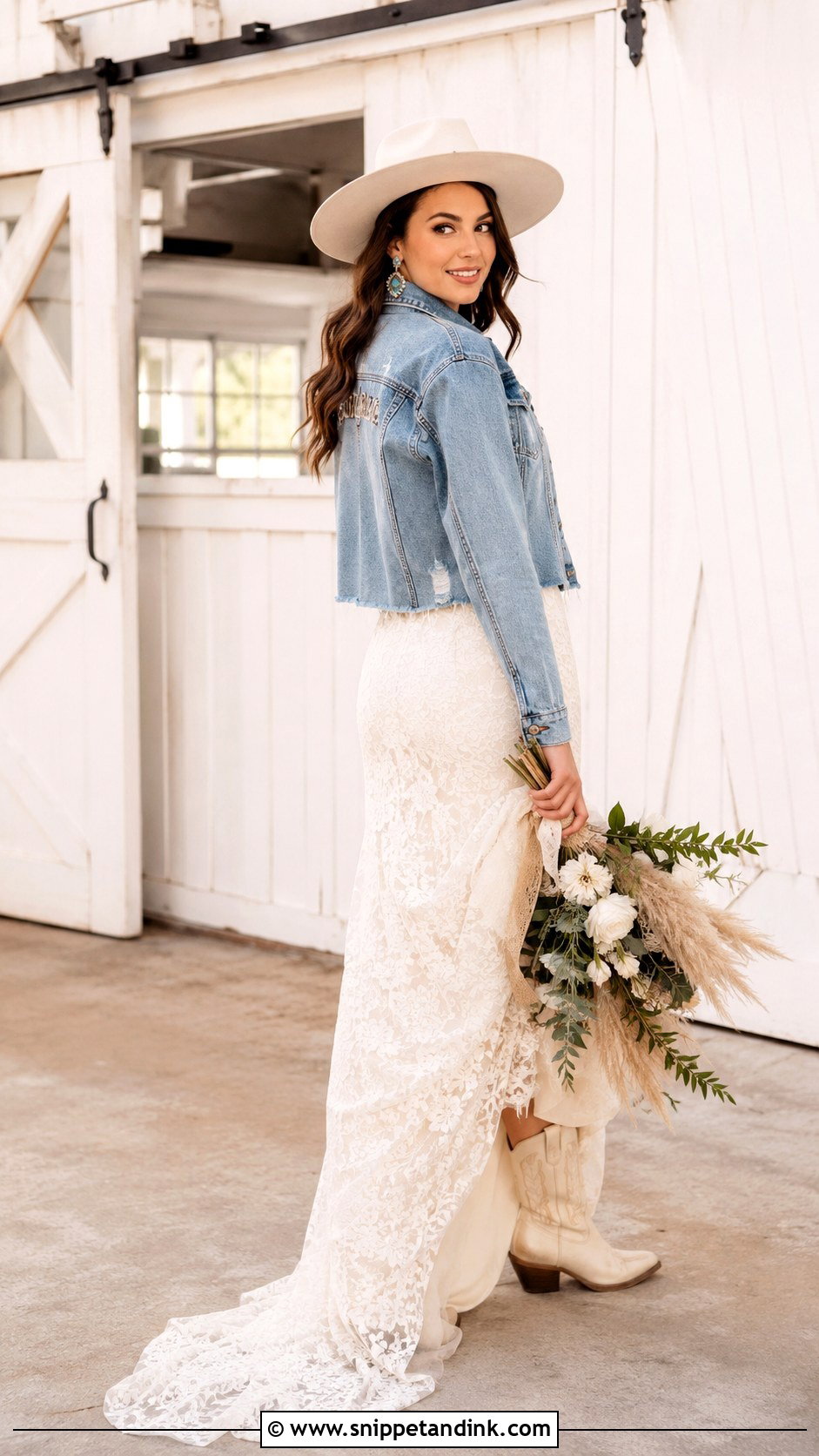 Distressed Bridal Jean Jacket With Western Wedding Dress - Snippet and Ink - 20 Bridal Jean Jacket Ideas