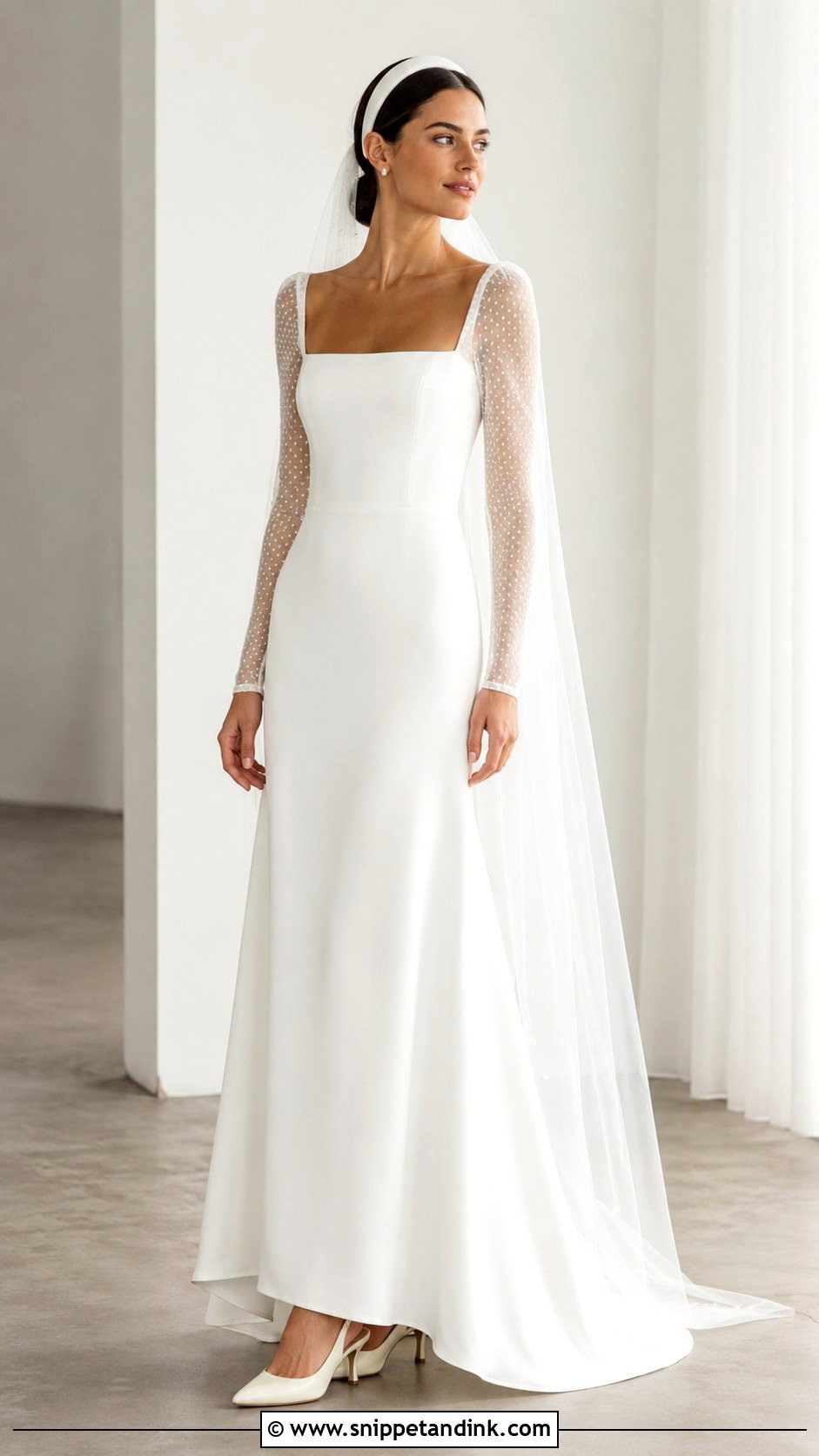 Dotted Mesh Sleeve Minimalist Wedding Dress - Snippet and Ink - 20 Mesh Sleeve Wedding Dress Ideas