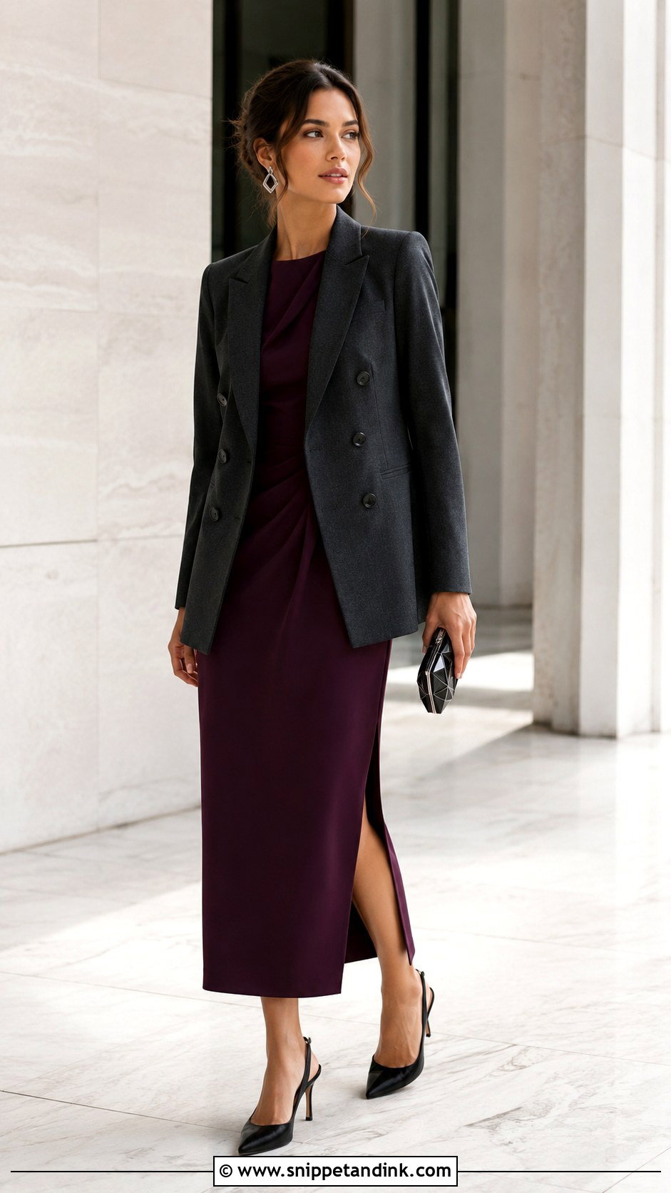 Double Breasted Blazer With Column Dress - Snippet and Ink - 20 Blazer Wedding Outfit Ideas