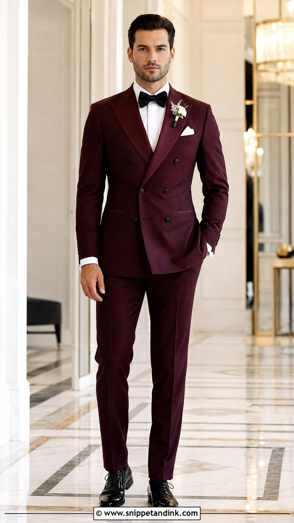 Double Breasted Burgundy Tuxedo With Black Accessories - Snippet and Ink - 20 Burgundy Tuxedo Wedding Ideas