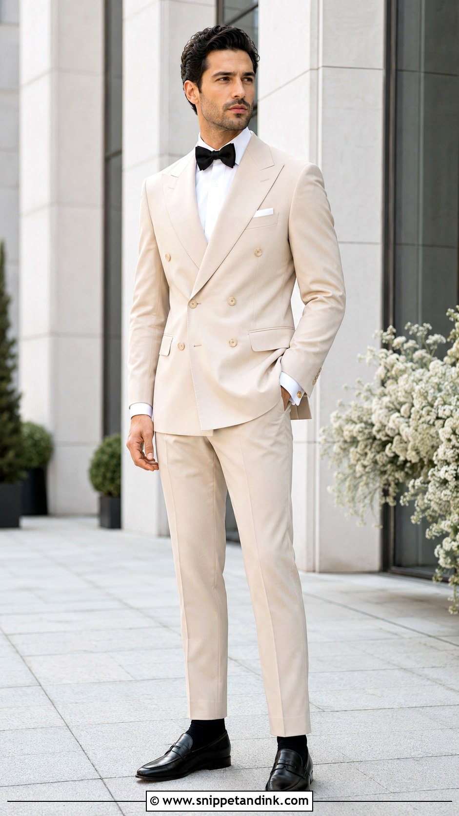 Double Breasted Champagne Tuxedo With Black Loafers - Snippet and Ink - 20 Champagne Tuxedo Wedding Ideas