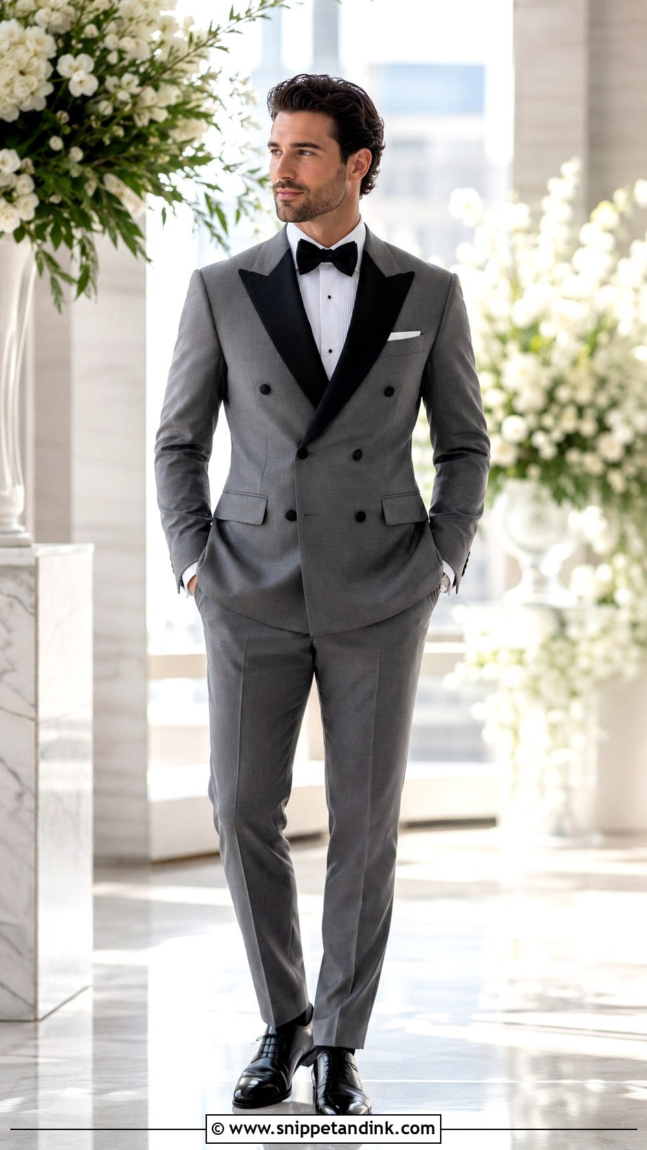Double Breasted Gray Tuxedo With Peak Lapels - Snippet and Ink - 20 Gray Tuxedo Wedding Ideas