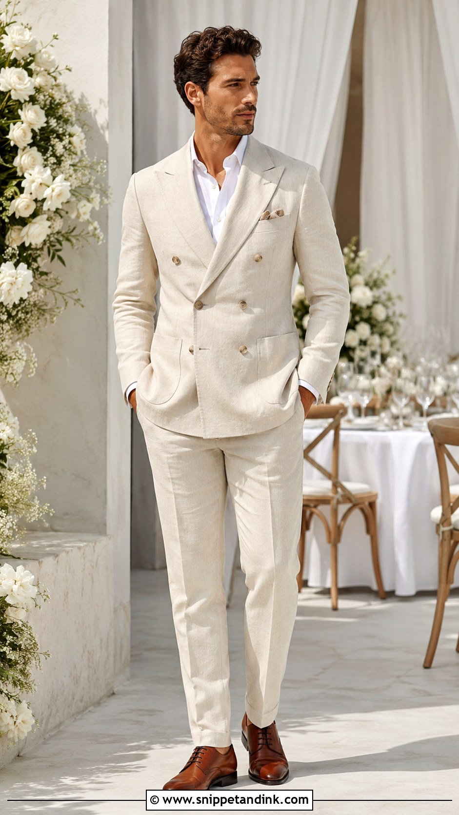 Double Breasted Linen Wedding Suit With Dress Shoes - Snippet and Ink - 25 Linen Wedding Suit Ideas