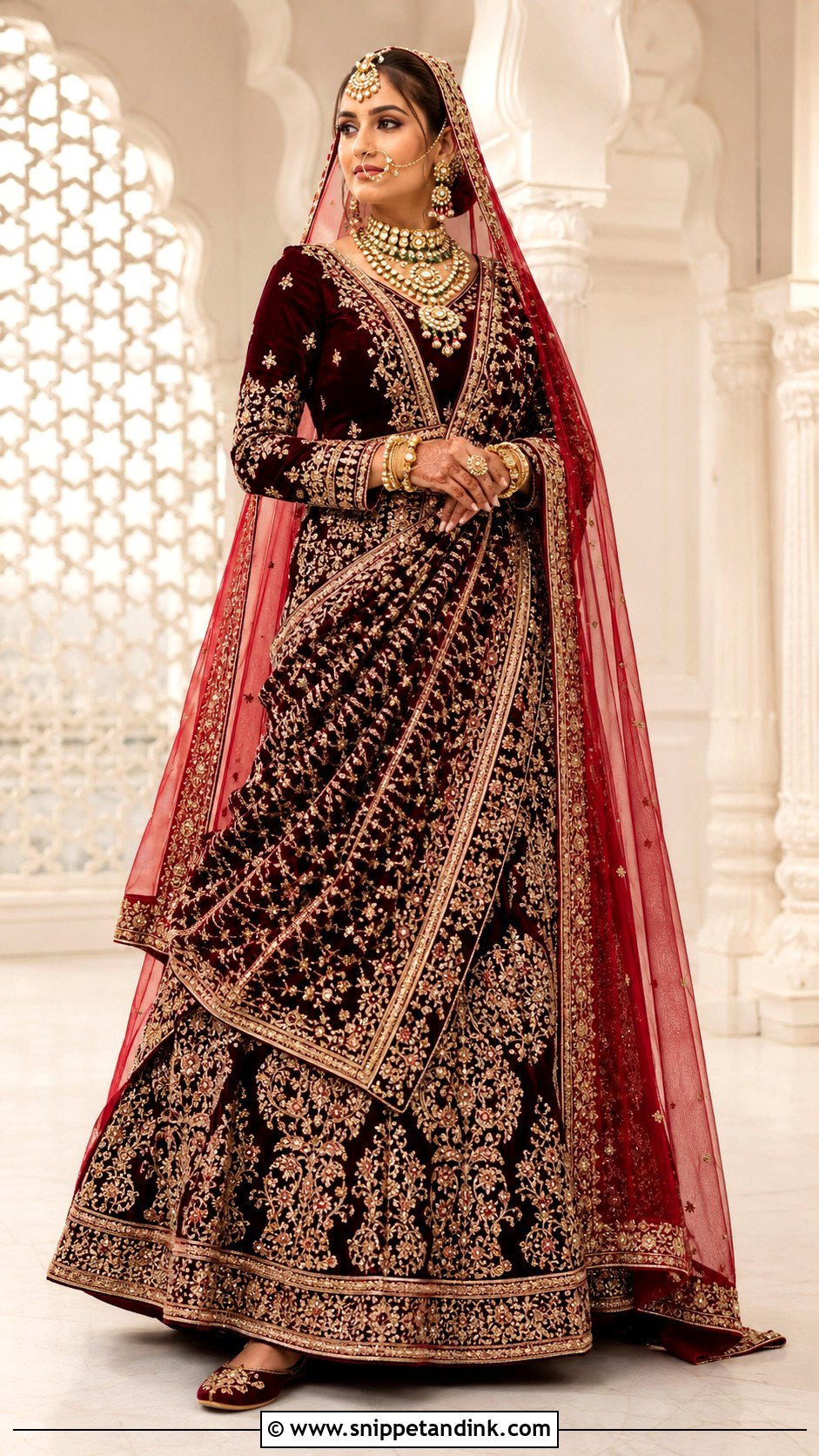 Double Bridal Chunri Dupatta With Velvet Lehenga - Snippet and Ink - 20 Bridal Chunri Dupatta Ideas