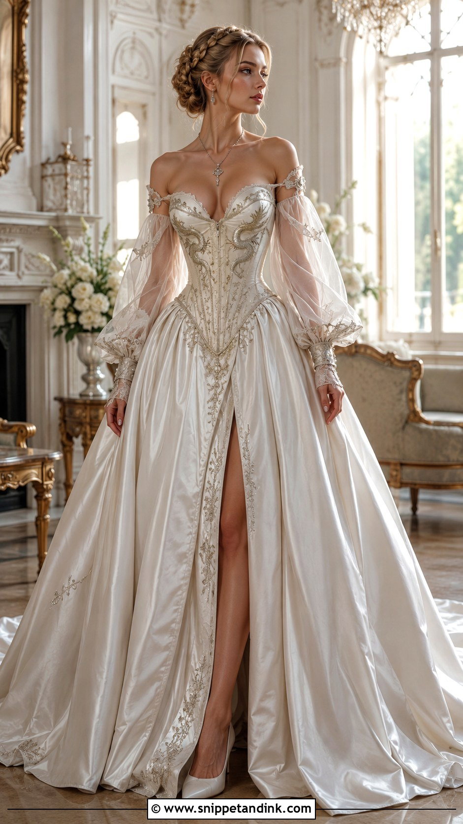 Dragon Corset Wedding Dress With Sheer Sleeves - Snippet and Ink - 20 Dragon Wedding Dress Ideas