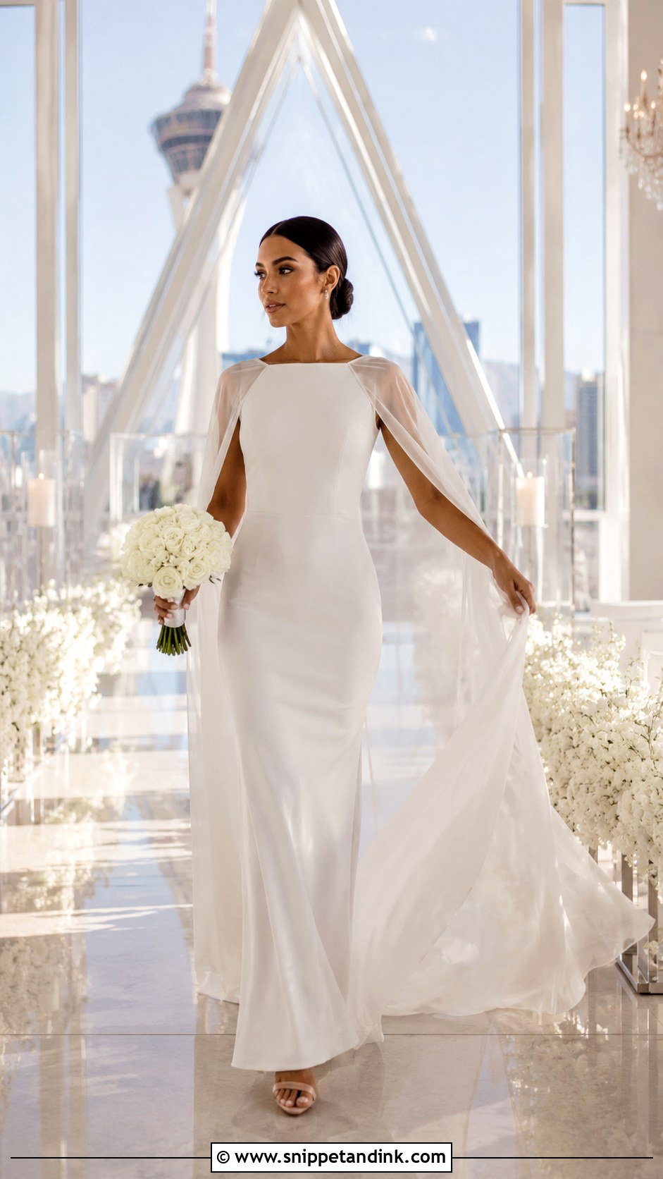 Dramatic Cape Dress With Minimal Heels - Snippet and Ink - 30 Vegas Elopement Dress Ideas
