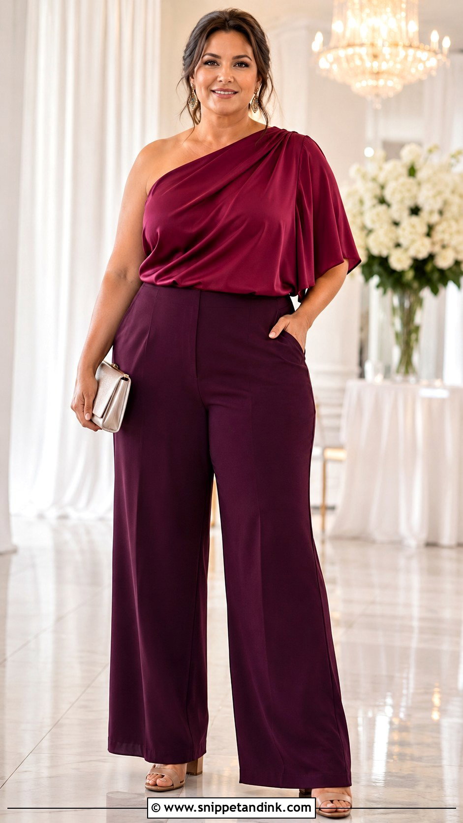 Draped Blouse With Wide Leg Pants Wedding Outfit - Snippet and Ink - 20 Blouse and Pants Wedding Outfit Ideas